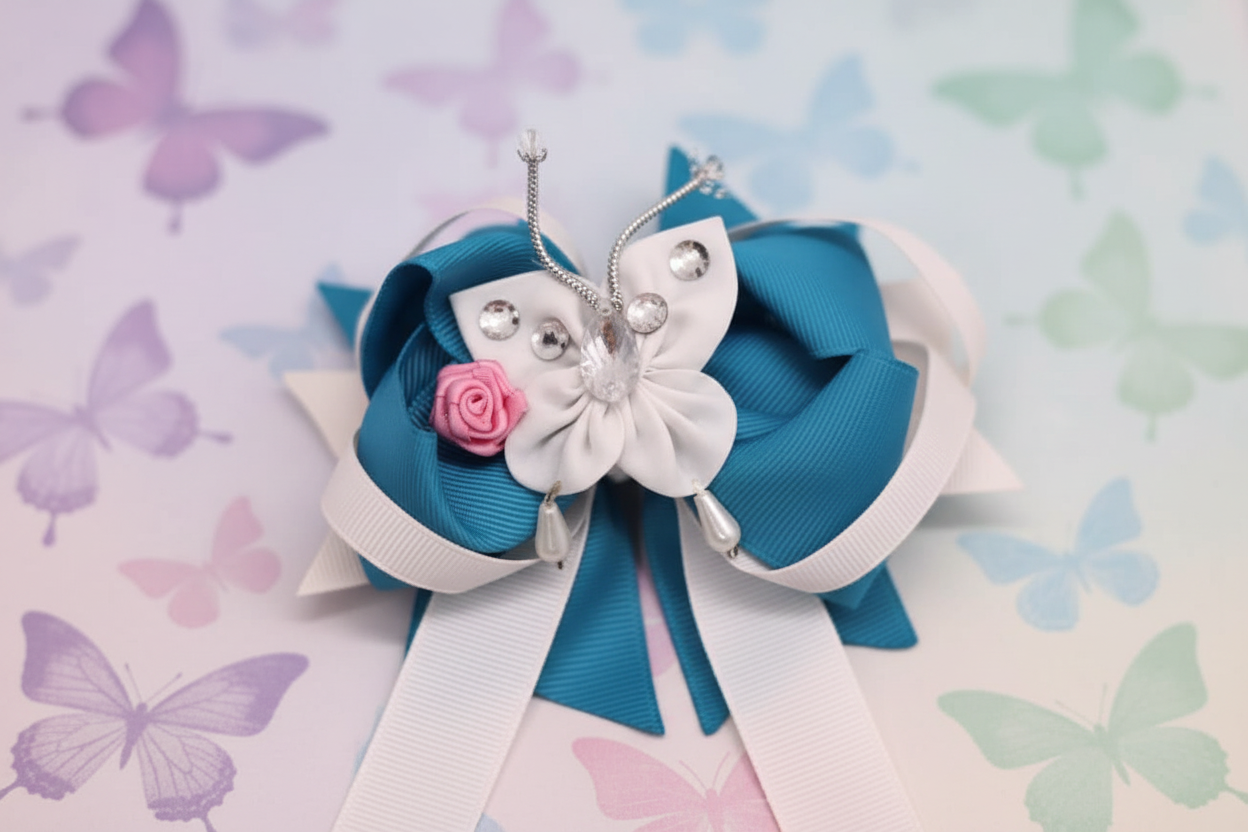 Blue butterfly bow detail shot