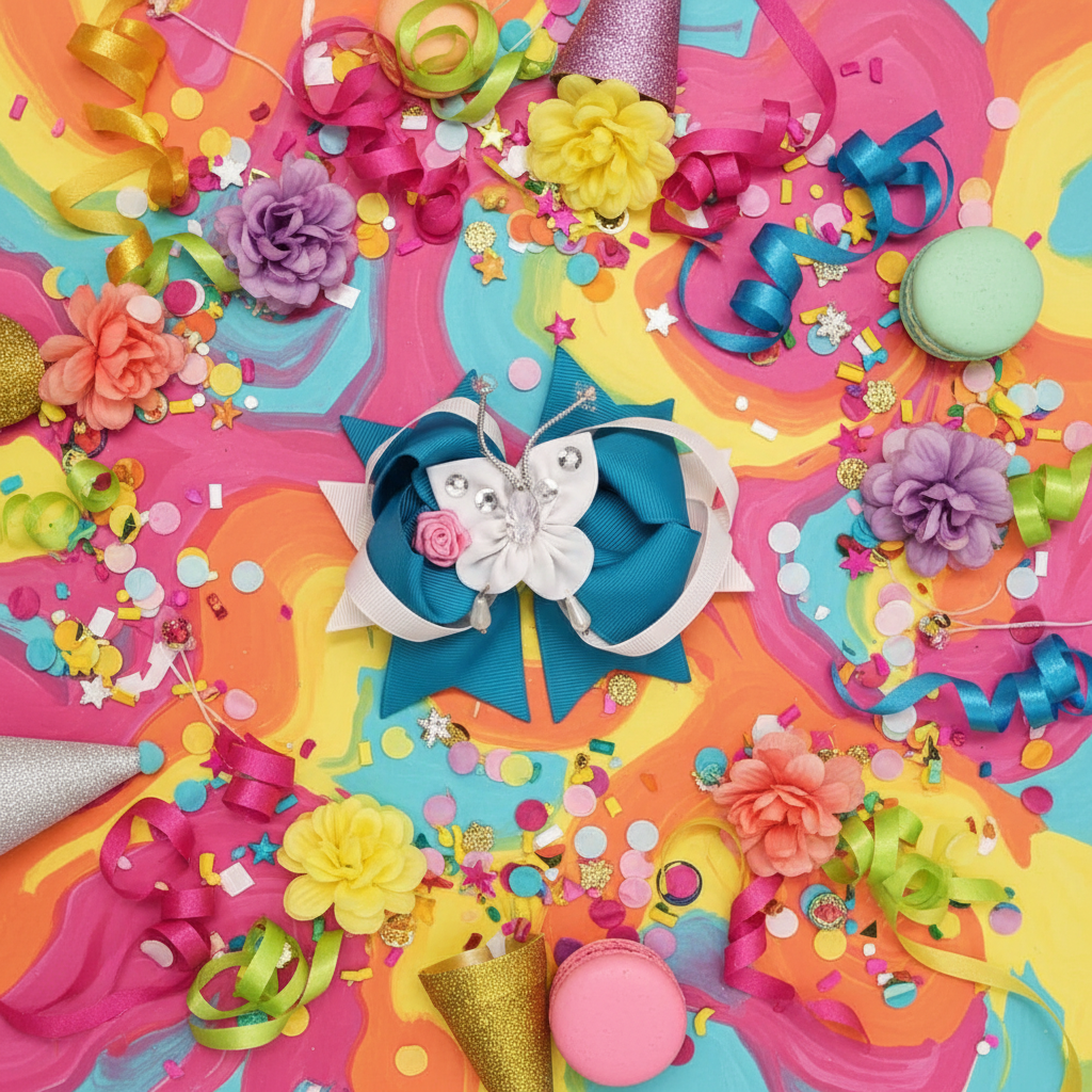 Blue butterfly bow flat lay