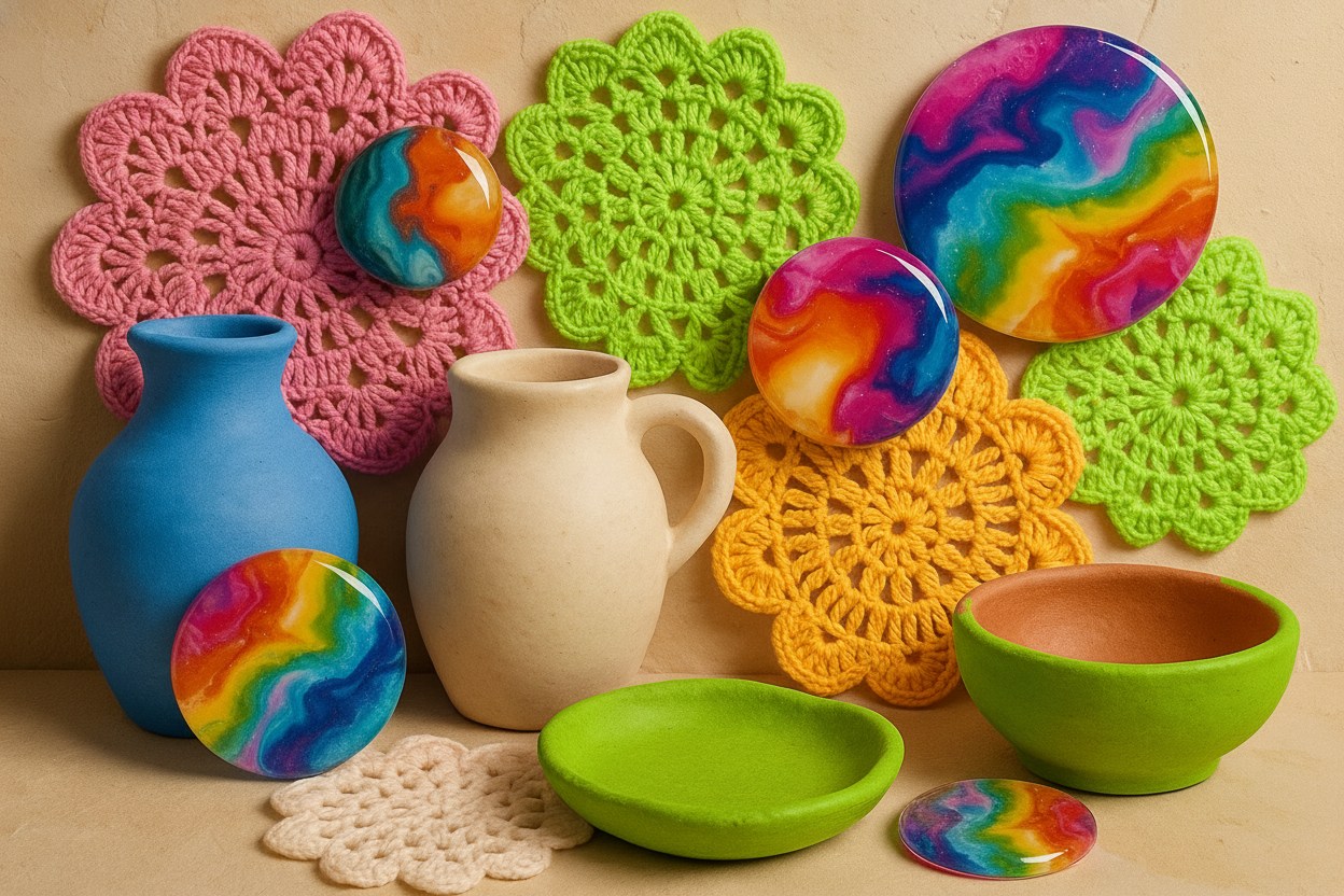 Colorful handmade clay, crochet, and resin products