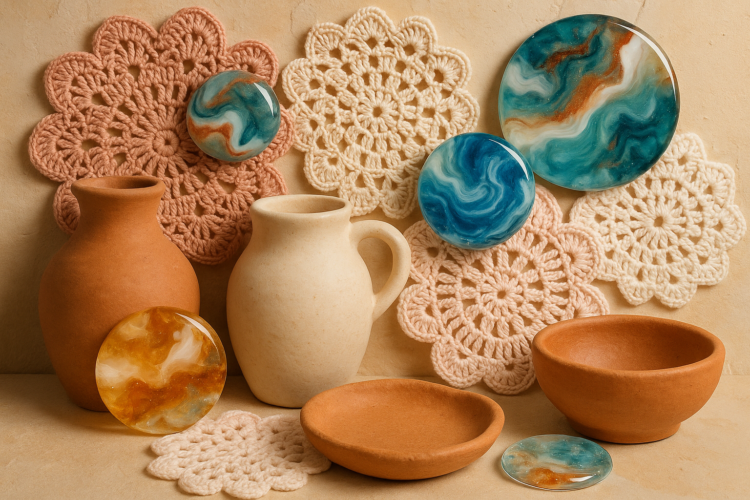 create a 3D background handmad clay, chochet and resin