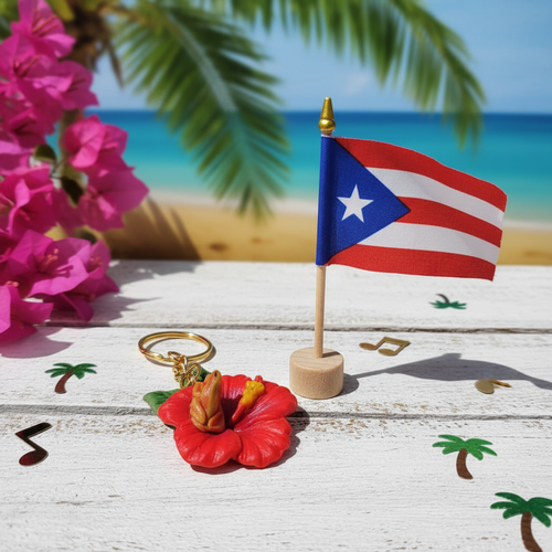 Hibiscus coqui frog keychain next to Puerto Rican flag