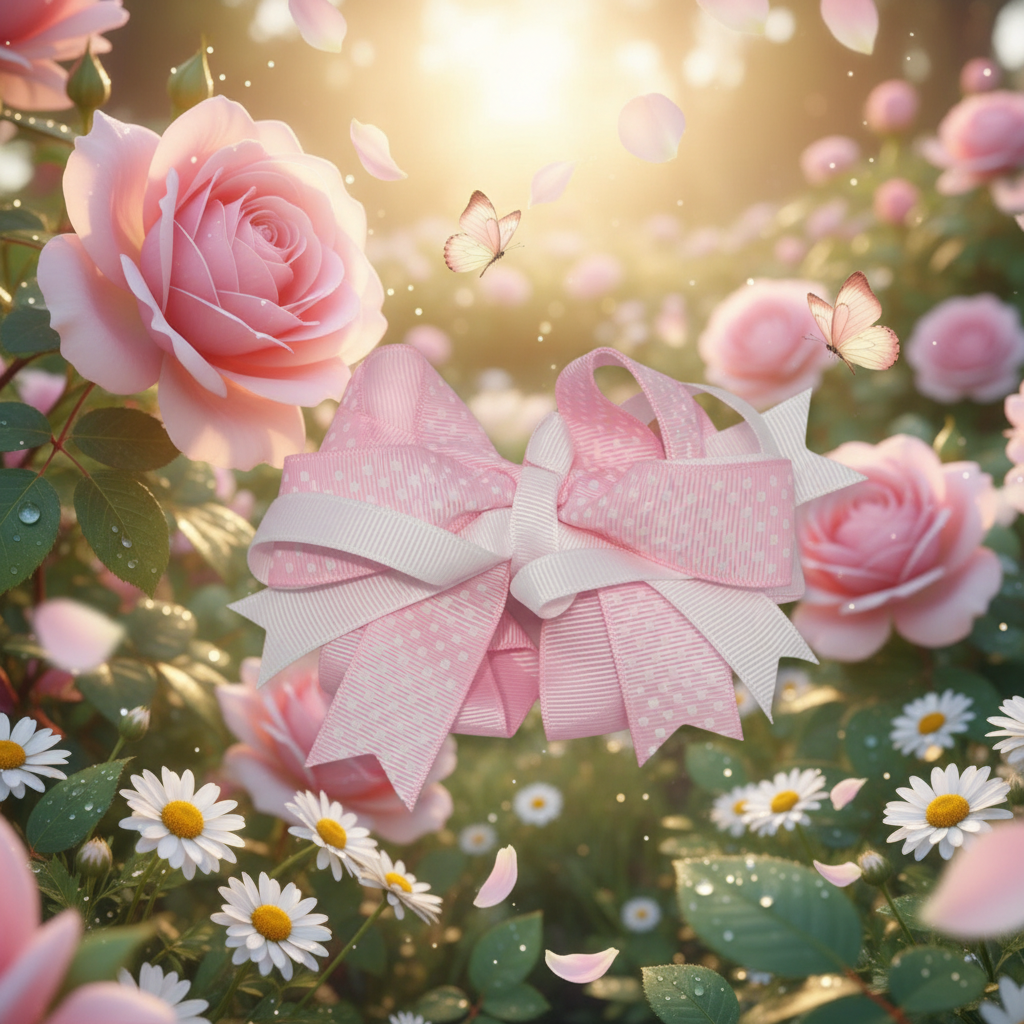 Sweet Blush Dotty Bow with garden flowers background