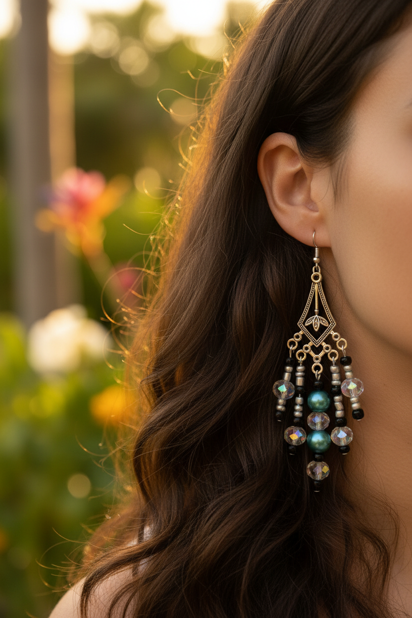 Sirena Crystal Chandelier Earrings lifestyle shot worn on model