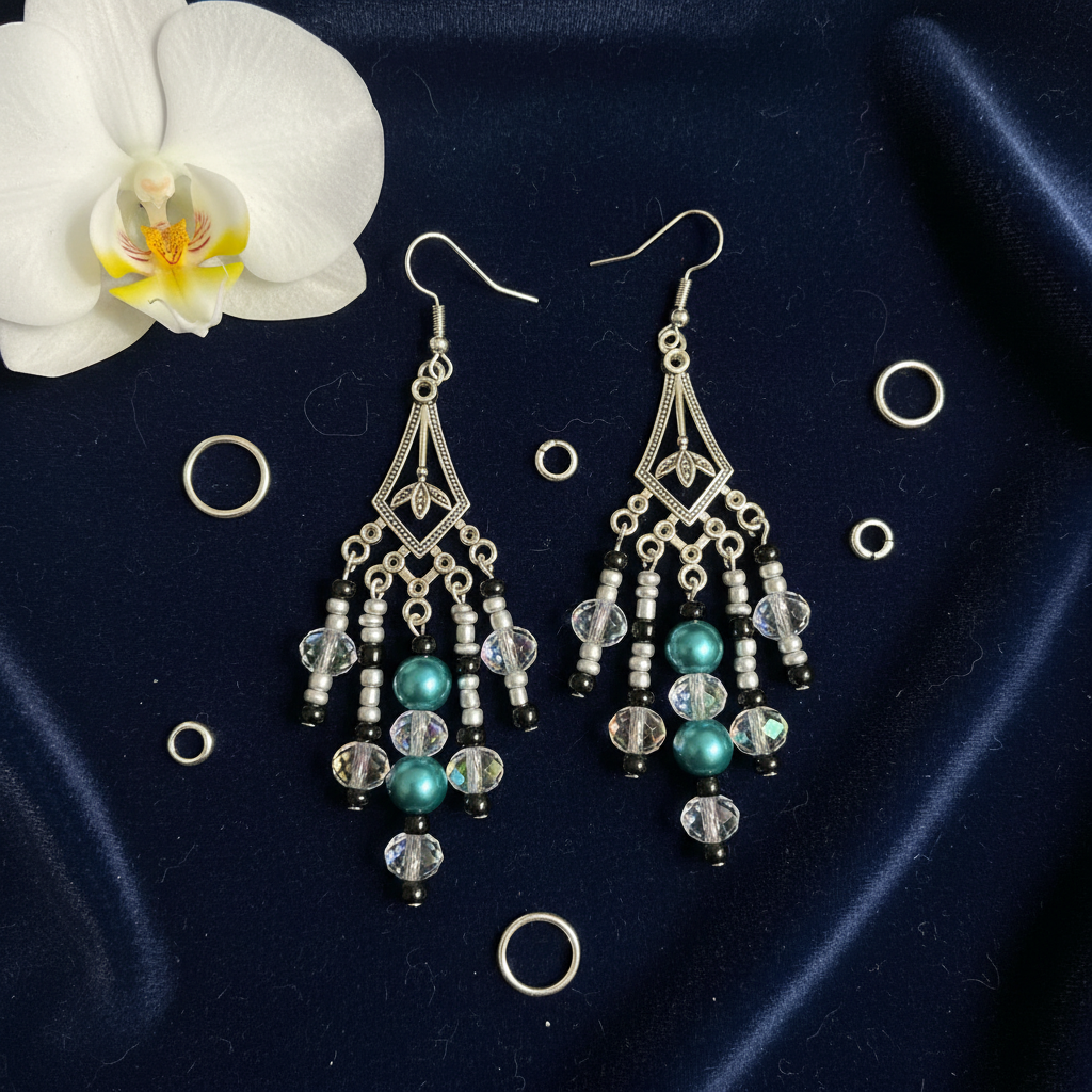 Sirena Crystal Chandelier Earrings elegant flat lay on navy velvet