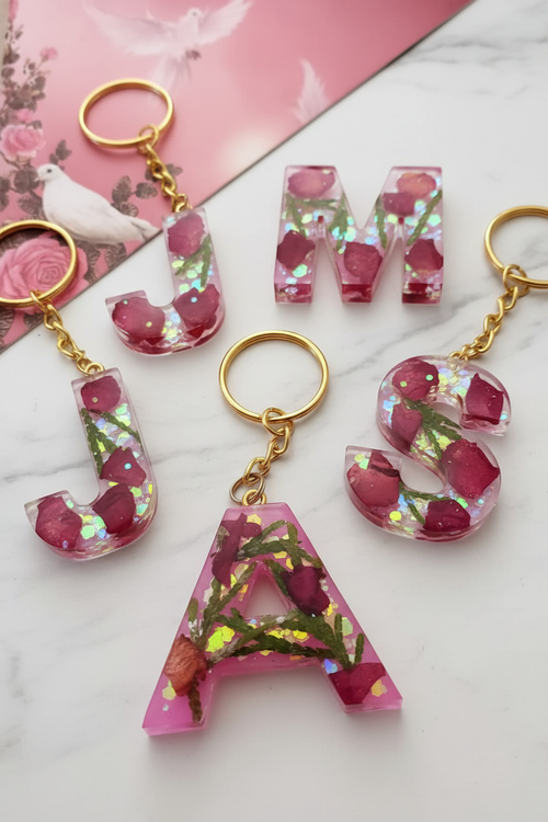 Rose petal keychains popular initials