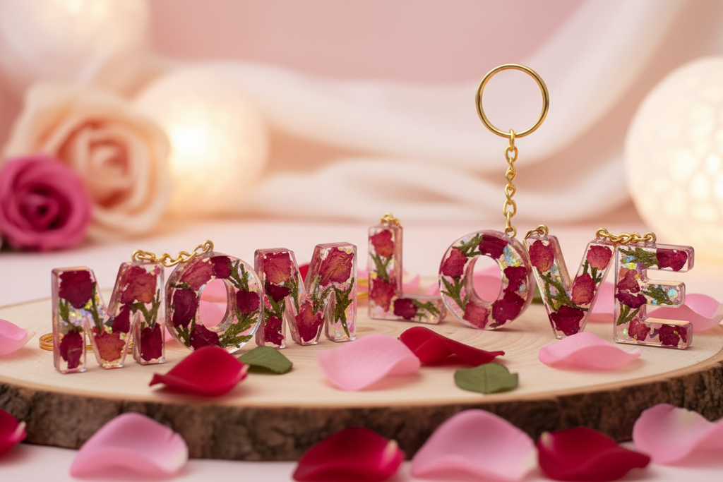 Rose petal keychains spelling words