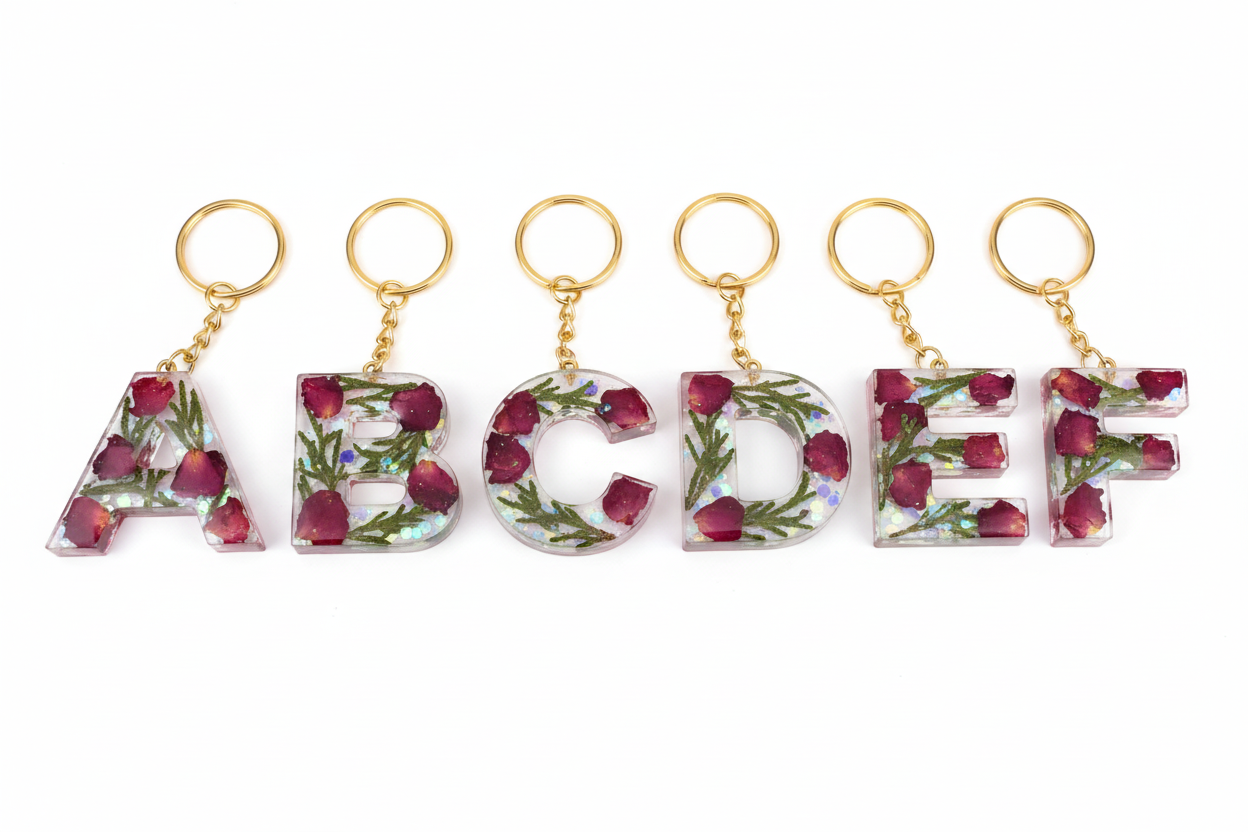 Rose petal keychains with letters A-F