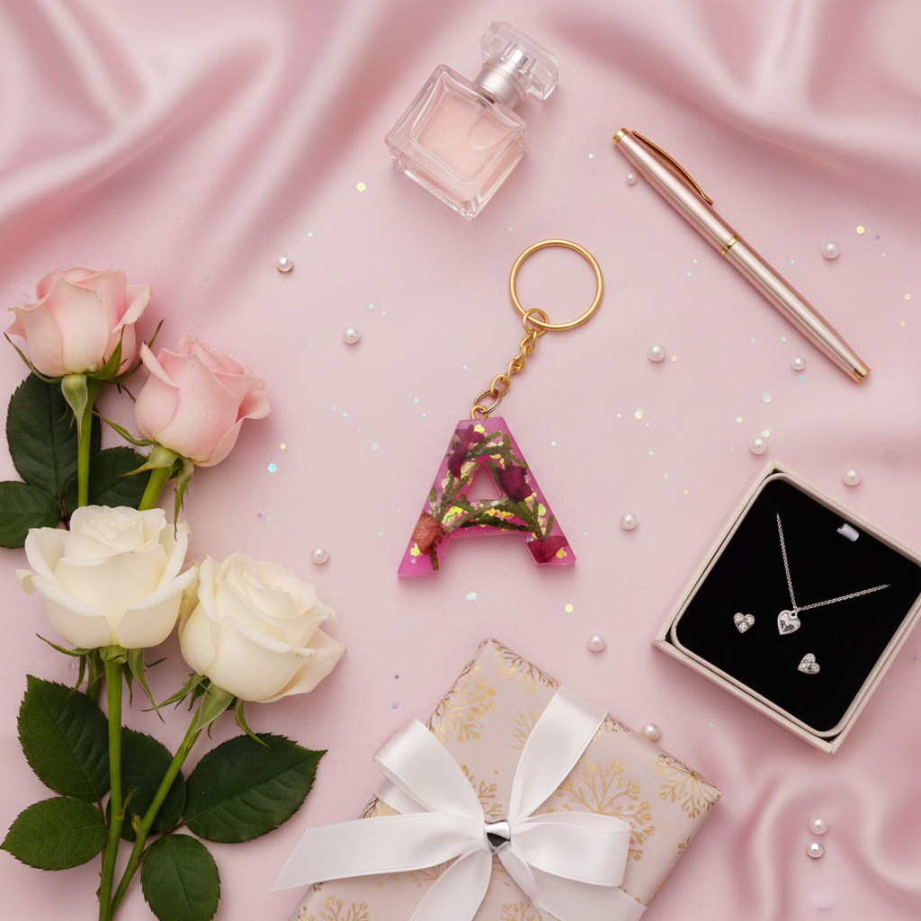 Rose petal resin keychain flat lay