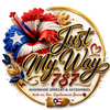 A circular logo or storefront graphic with the words 'Just My Way 787' in large black-and-gold script, plus 'Handmade Jewelry & Accessories' and Spanish text. The design includes a red, white, and blue hibiscus flower, gold decorative leaves, and a small map-shaped flag at the bottom on a white background.